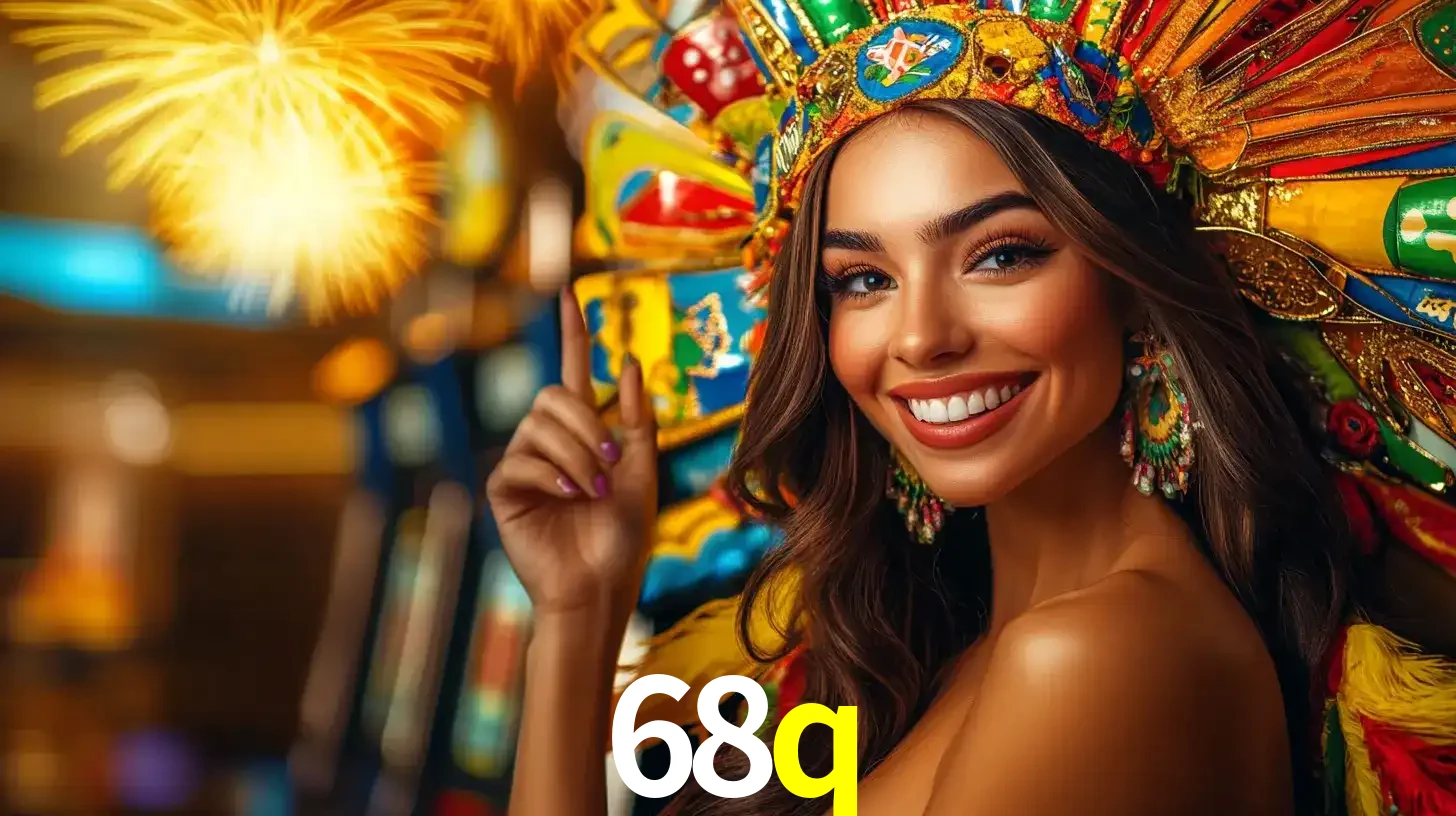 Mulher sorridente com um cocar de carnaval vibrante e colorido, celebrando uma grande vitória nos jogos do cassino 68q com fogos de artifício ao fundo.