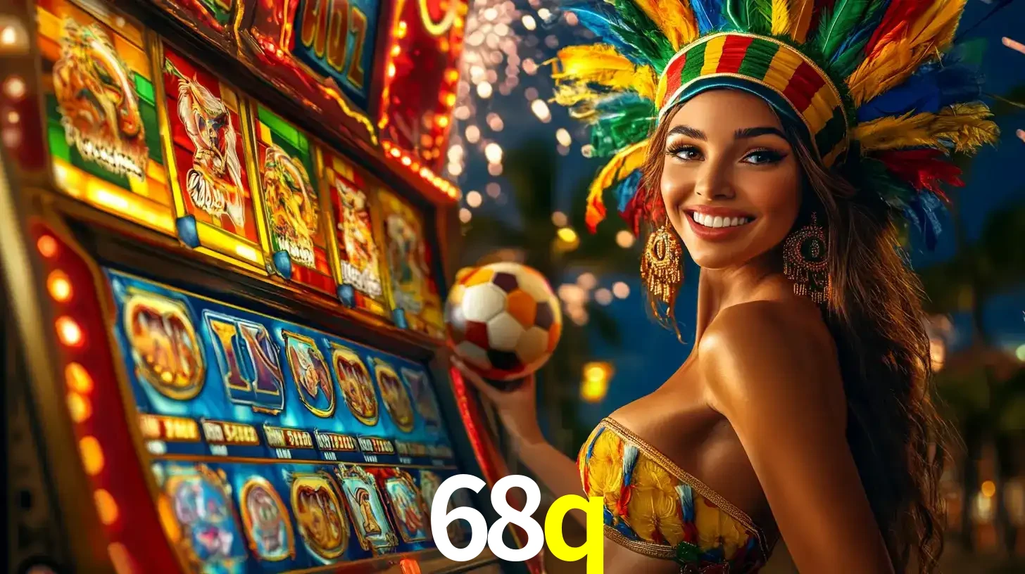 Mulher com um cocar de carnaval ao lado de uma máquina de caça-níqueis enquanto segura uma bola de futebol, mostrando a união da diversão de cassino e esportes no 68q.