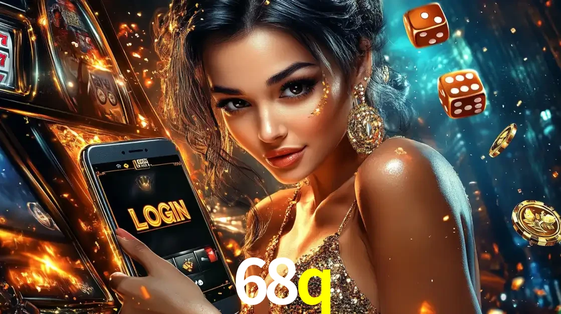 Mulher glamourosa segurando um celular com a tela de login do cassino 68q, rodeada por dados e moedas douradas, pronta para começar a diversão.