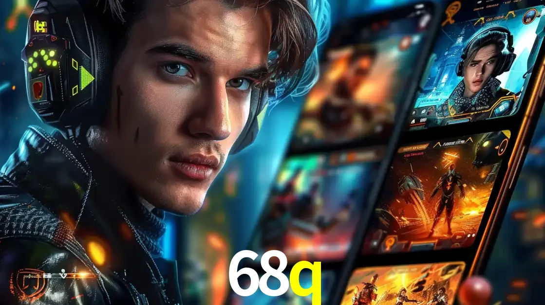 Jovem jogador com fones de ouvido olhando para a câmera, com um aplicativo de jogos e e-sports para celular ao fundo, pronto para a competição e apostas no 68q.