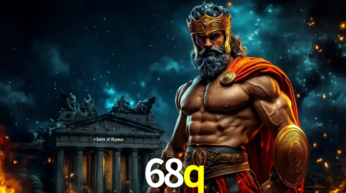 O poderoso Zeus do jogo de slot Gates of Olympus em frente ao seu templo, pronto para lançar multiplicadores divinos e prêmios épicos no cassino online 68q.