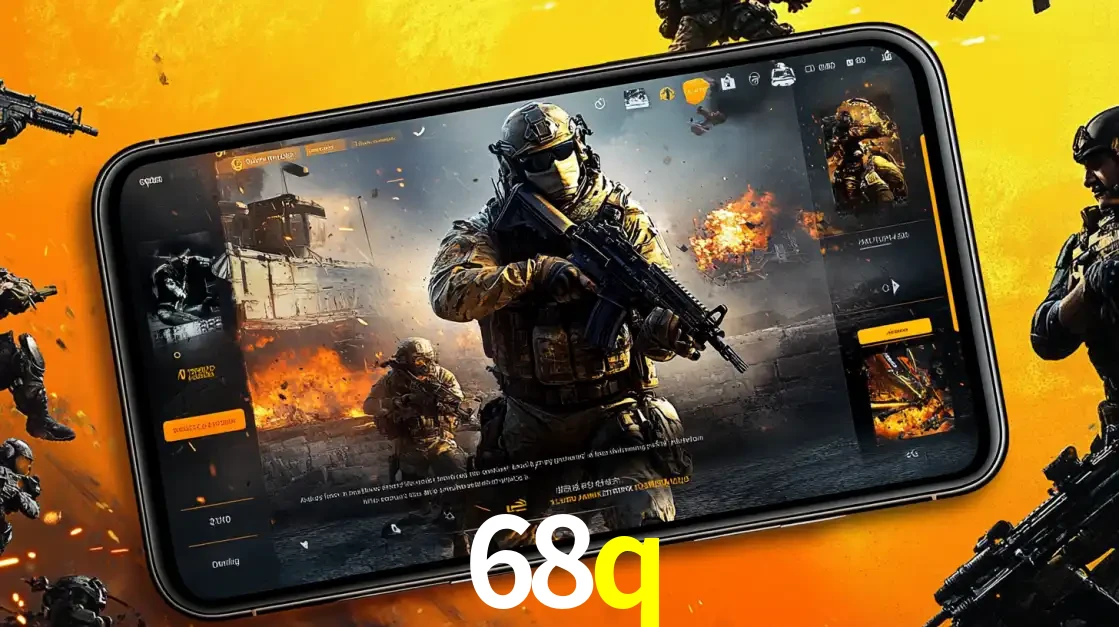 Um smartphone exibindo a interface de um jogo de tiro em primeira pessoa, com um soldado em um cenário de batalha, representando a ação dos e-sports para apostar no 68q.
