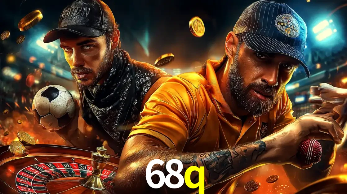 Montagem de apostas esportivas e cassino no 68q, com um homem segurando uma bola de futebol e outro uma de beisebol sobre uma roleta e moedas voadoras.