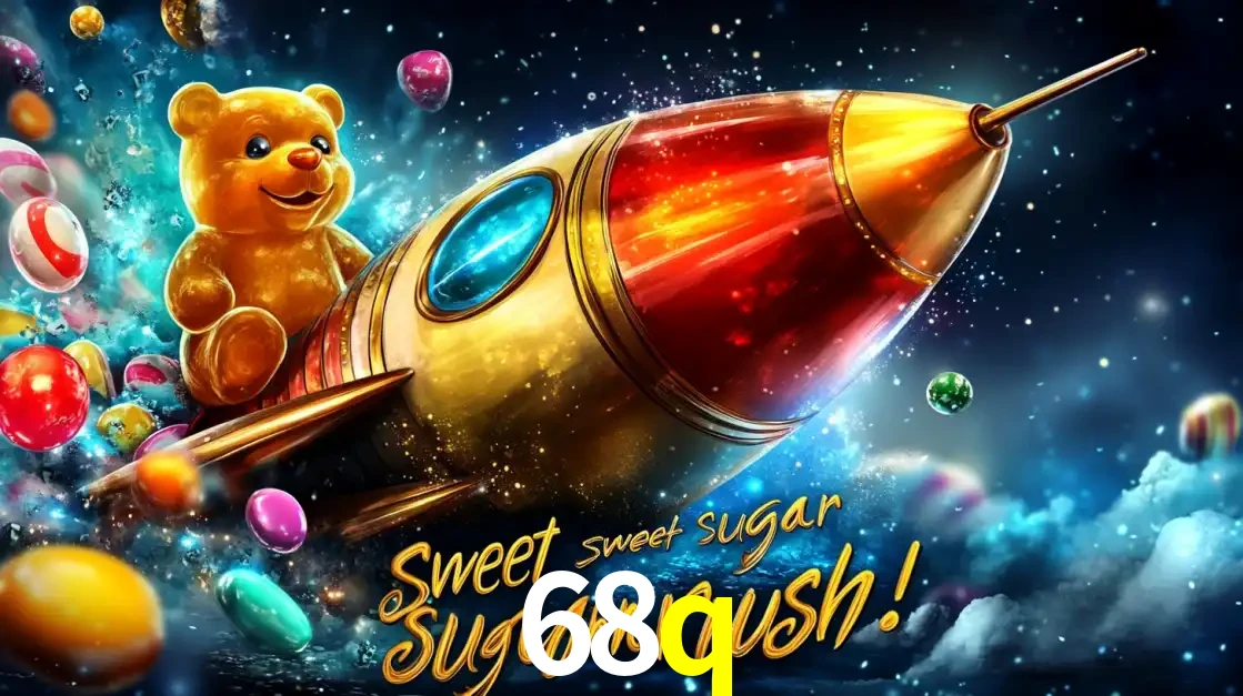 Arte promocional do jogo de slot Sugar Rush, com um urso de pelúcia em um foguete viajando pelo espaço de doces, um dos jogos divertidos disponíveis no cassino 68q.