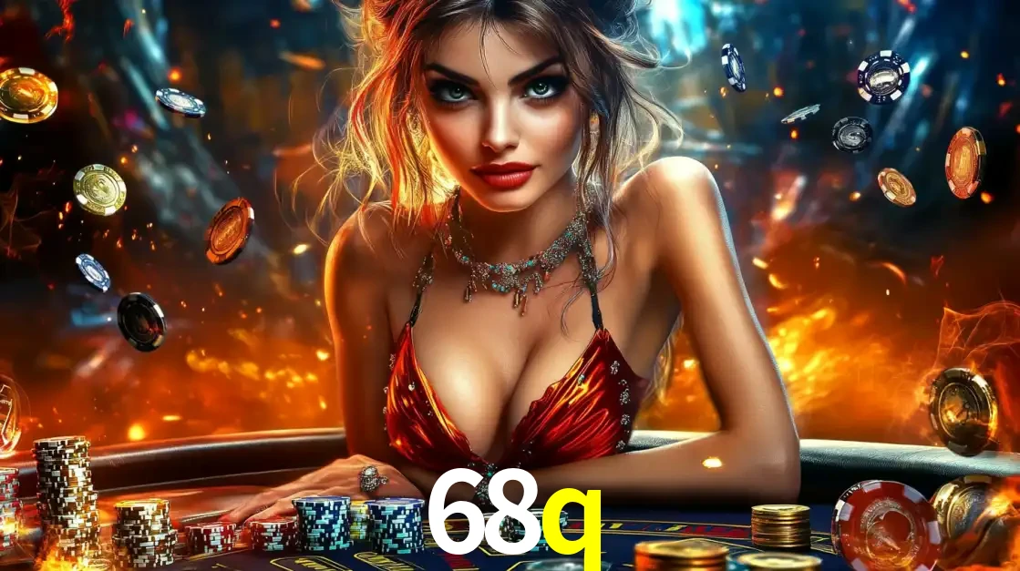 Mulher em uma mesa de cassino com pilhas de fichas e um fundo de fogo, pronta para uma rodada de altas apostas nos jogos de mesa emocionantes do cassino 68q.