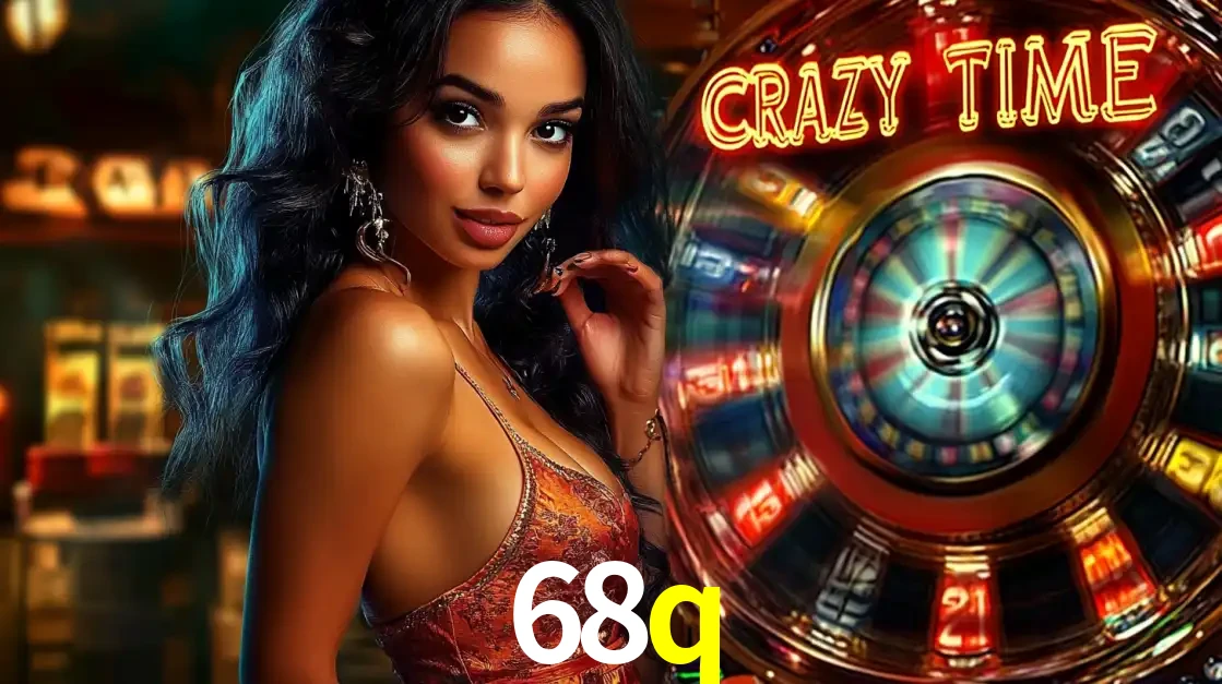 Mulher elegante ao lado da vibrante roda da fortuna do jogo de cassino ao vivo Crazy Time, um dos game shows mais populares e cheios de prêmios do 68q.