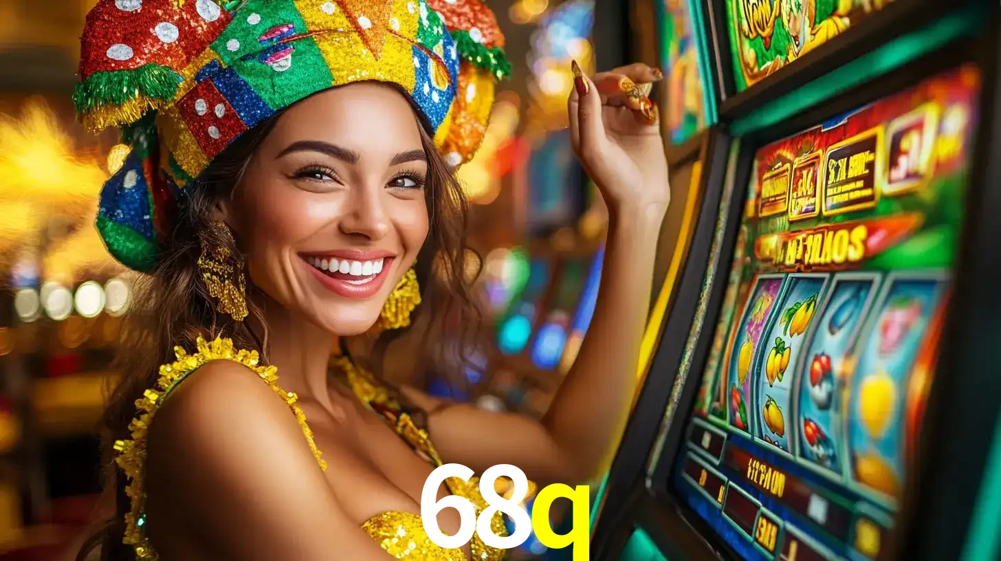 Mulher feliz com traje de carnaval amarelo e colorido ao lado de uma máquina de caça-níqueis, aproveitando a diversão e os jogos temáticos do cassino 68q.