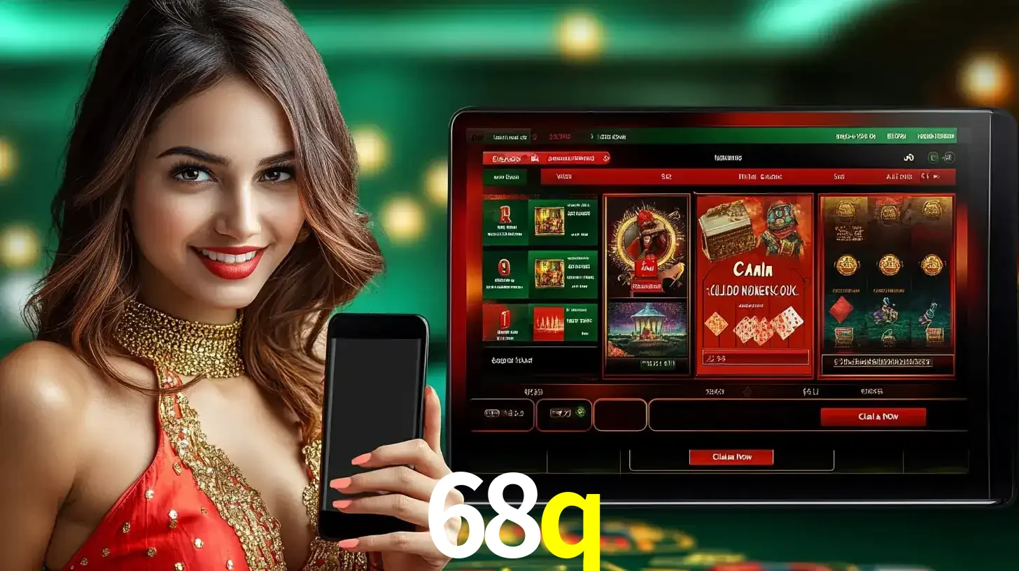 Mulher sorridente segurando um smartphone, ao lado de uma tela exibindo o lobby de jogos do cassino online 68q, com várias opções de jogos de cartas e slots.